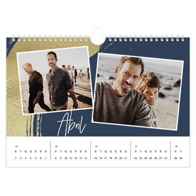 Calendário A4 horizontal — Fundos com pincel dourado [Abril]