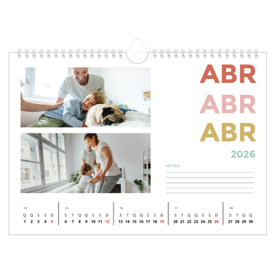 Calendário A4 horizontal — Tipo de letra colorida [Abril]