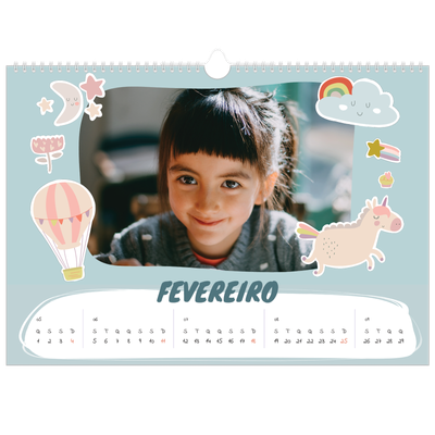 Calendário A3 Horizontal — Unicórnio arco-íris [Fevereiro]