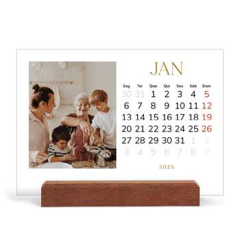 Calendário de mesa com suporte em madeira - horizontal — Texto dourado grande
