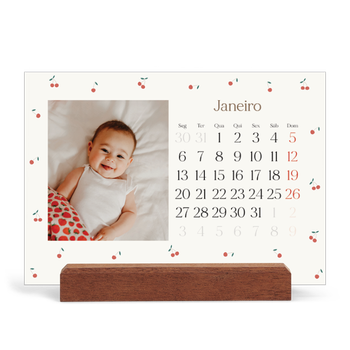 Calendário de mesa com suporte em madeira - horizontal — Felicidade de cereja