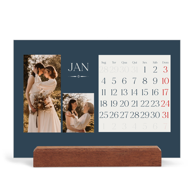 Calendário de mesa com suporte em madeira - horizontal  — Ardósia e serifas [Janeiro]