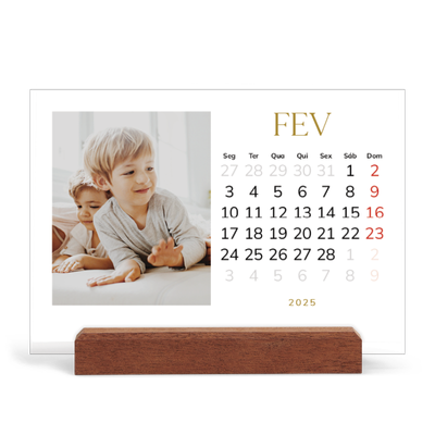 Calendário de mesa com suporte em madeira - horizontal  — Texto dourado grande [Fevereiro]