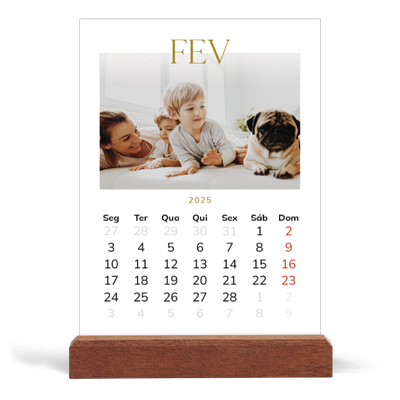 Calendário de mesa com suporte em madeira - vertical  — Texto dourado grande [Fevereiro]