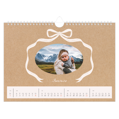 Calendário A4 horizontal — Papel kraft e laço [Fevereiro]