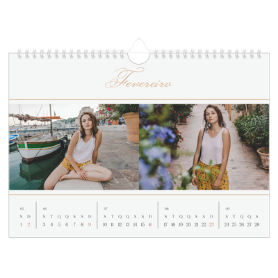 Calendário A4 horizontal — Faixa de script dourada [Fevereiro]