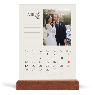 Calendário de mesa com suporte em madeira - vertical  — Iniciais em flor [Abril]
