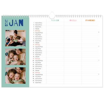 Calendário fotográfico horizontal A3 — Divertido e colorido, o seu Planificador - Família de 3