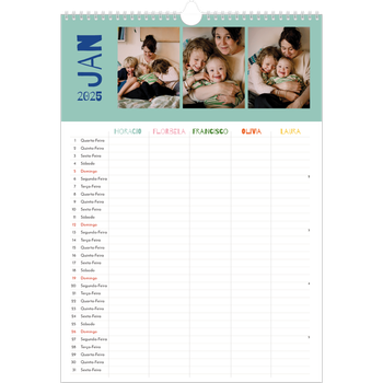 Calendário fotográfico A3 — Divertido e colorido, o seu Planificador - Familia de 5