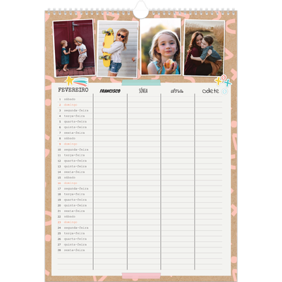 Agenda familiar A3 — Planificador Rústico - Familia de 4 [Fevereiro]
