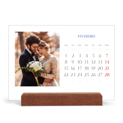 Calendário de mesa com suporte em madeira - horizontal  — Clássico cobalto [Fevereiro]